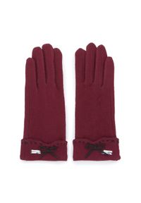 Wittchen - Damskie rękawiczki z ozdobnym przeszyciem i kokardką bordowe. Kolor: czerwony. Materiał: wełna. Wzór: haft, aplikacja