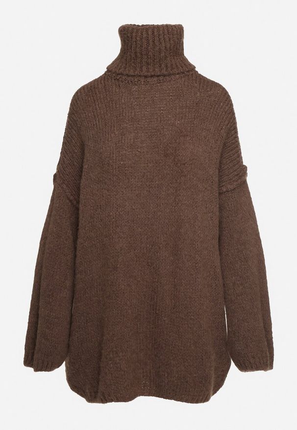 Born2be - Brązowy Golf Oversize z Dzianiny z Wełną i Moherem Temittes. Typ kołnierza: golf. Kolor: brązowy. Materiał: dzianina, moher, wełna. Długość rękawa: długi rękaw. Długość: długie. Wzór: ze splotem. Styl: elegancki