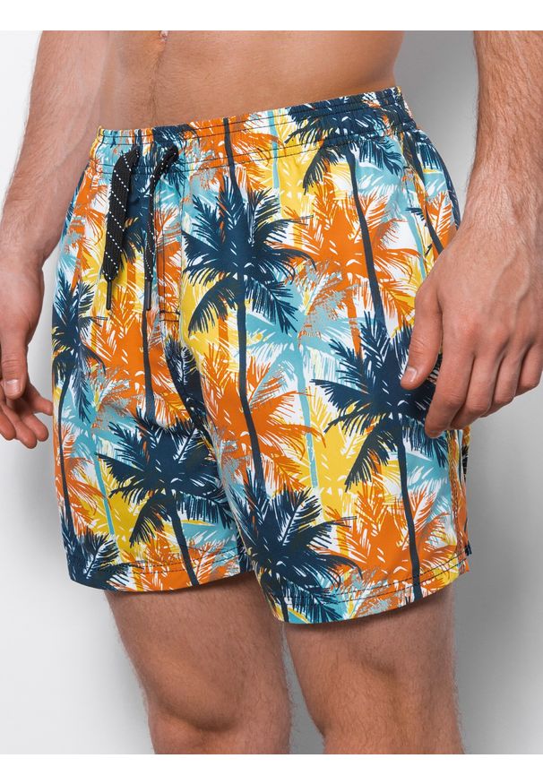 Ombre Clothing - Kąpielówki męskie w palmy - niebiesko-pomarańczowe V24 OM-SRBS-0125 - XXL. Kolor: pomarańczowy. Materiał: materiał, poliester. Wzór: gładki