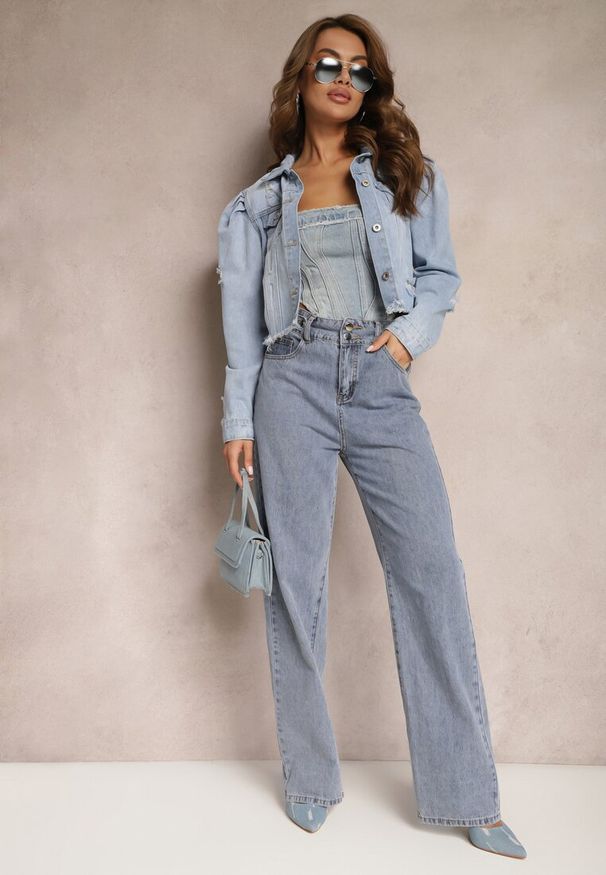 Renee - Jasnoniebieskie Szerokie Jeansy z Wysoką Ozdobną Talią Florati. Okazja: na co dzień. Kolor: niebieski. Styl: retro, casual