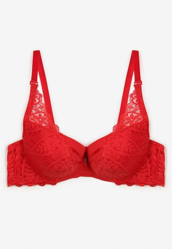 Renee - Czerwony Biustonosz z Efektem Push Up Ozdobiony Koronką Ivmeria. Kolor: czerwony. Materiał: koronka. Rodzaj stanika: push-up. Wzór: aplikacja, koronka
