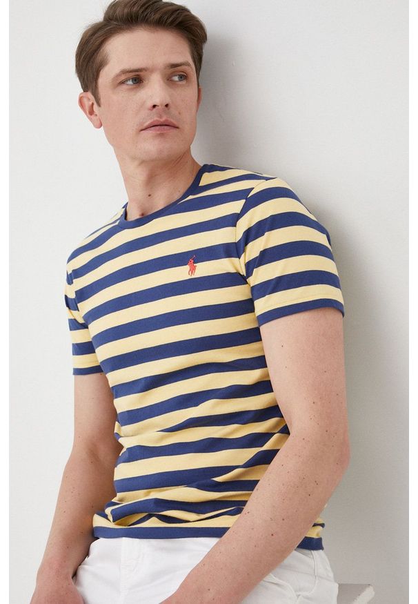 Polo Ralph Lauren t-shirt bawełniany kolor żółty wzorzysty. Typ kołnierza: polo. Kolor: żółty. Materiał: bawełna. Wzór: aplikacja