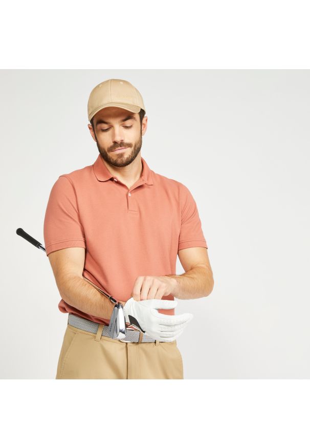 INESIS - Koszulka polo do golfa męska Inesis MW500. Typ kołnierza: golf, polo. Kolor: brązowy. Materiał: poliester, bawełna, materiał. Wzór: ze splotem. Styl: klasyczny