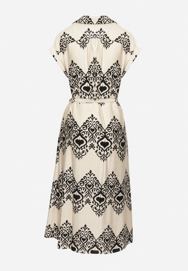 Born2be - Beżowo-Czarna Taliowana Sukienka Boho z Wiskozą Wiązana w Talii Paskiem Losofia. Okazja: na co dzień. Typ kołnierza: dekolt w kształcie V. Kolor: beżowy. Materiał: wiskoza. Długość rękawa: krótki rękaw. Wzór: aplikacja. Sezon: lato. Styl: boho