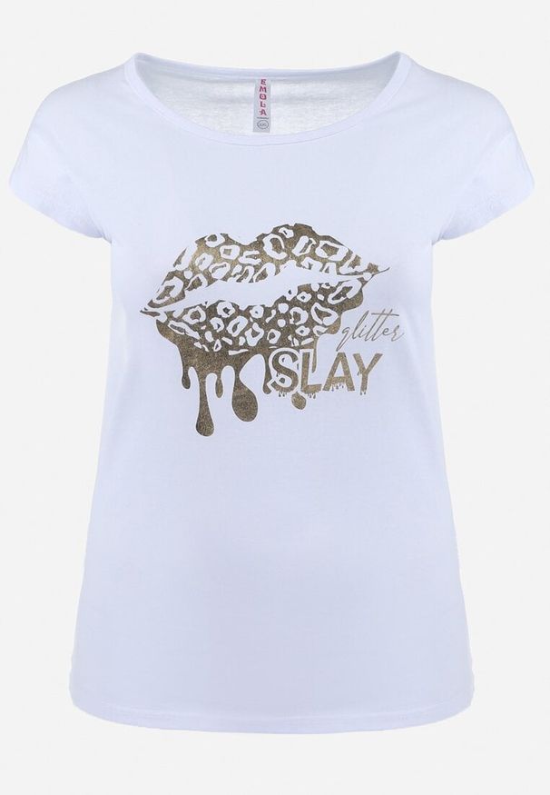 Born2be - Biały T-shirt z Metalicznym Złotym Nadrukiem Slay Khaji. Okazja: na co dzień. Kolor: biały. Wzór: nadruk. Styl: casual