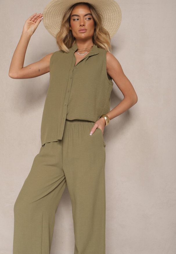 Renee - Ciemnozielony Komplet Koszula na Guziki bez Rękawów i Szerokie Spodnie Telaritia. Kolor: zielony