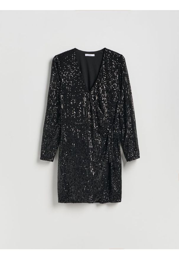 Reserved - Cekinowa sukienka mini - czarny. Kolor: czarny. Materiał: tkanina. Typ sukienki: proste. Długość: mini