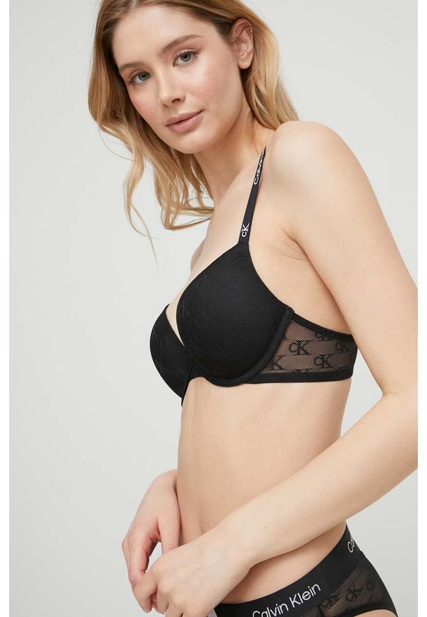 Calvin Klein Underwear biustonosz kolor czarny koronkowy gładki. Kolor: czarny. Materiał: koronka. Rodzaj stanika: biustonosz z fiszbinami. Wzór: gładki