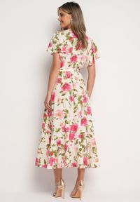 Born2be - Beżowo-Różowa Sukienka z Kopertowym Dekoltem Gumką w Pasie i Materiałowym Paskiem Genatia. Kolor: beżowy. Materiał: materiał. Długość rękawa: krótki rękaw. Sezon: lato. Typ sukienki: kopertowe #9
