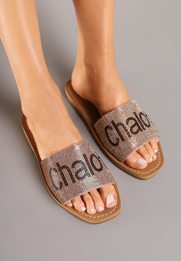 Born2be - Szampańskie Płaskie Klapki Ozdobione Napisem Delionel. Okazja: na co dzień. Kolor: złoty. Wzór: aplikacja, napisy. Sezon: lato. Obcas: na obcasie. Styl: casual, elegancki. Wysokość obcasa: niski