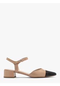 Ryłko - Beżowo-czarne czółenka z otwartą piętą. Nosek buta: otwarty. Kolor: beżowy. Materiał: skóra. Obcas: na obcasie. Styl: street. Wysokość obcasa: średni #1