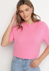Born2be - Różowy Sweter z Wełną z Krótkim Rękawem Dannoria. Okazja: na co dzień. Kolor: różowy. Materiał: wełna. Długość rękawa: krótki rękaw. Długość: krótkie. Styl: elegancki, casual