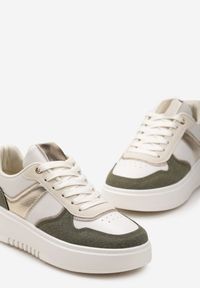 Renee - Beżowo-Zielone Sneakersy na Platformie z Brokatowymi Akcentami Sellona. Nosek buta: okrągły. Zapięcie: sznurówki. Kolor: beżowy. Materiał: materiał. Obcas: na platformie. Wysokość obcasa: niski #2