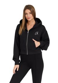 Calvin Klein - CALVIN KLEIN Czarna damska rozpinana bluza z kapturem, Rozmiar L. Okazja: na co dzień. Typ kołnierza: kaptur. Kolor: czarny. Materiał: bawełna. Długość rękawa: długi rękaw. Długość: długie. Styl: casual, klasyczny