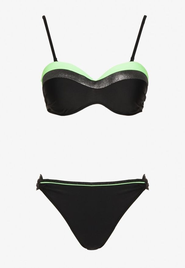 Born2be - Zielono-Czarne Bikini Figi i Usztywniany Biustonosz Ozdobiony Metaliczną Nicią Artellia. Kolor: zielony. Wzór: aplikacja
