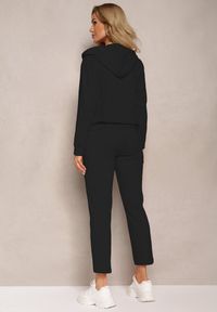 Renee - Czarny Komplet Dresowy Spodnie z Gumką w Pasie oraz Bluza z Kapturem na Suwak Starnie. Kolor: czarny. Materiał: dresówka