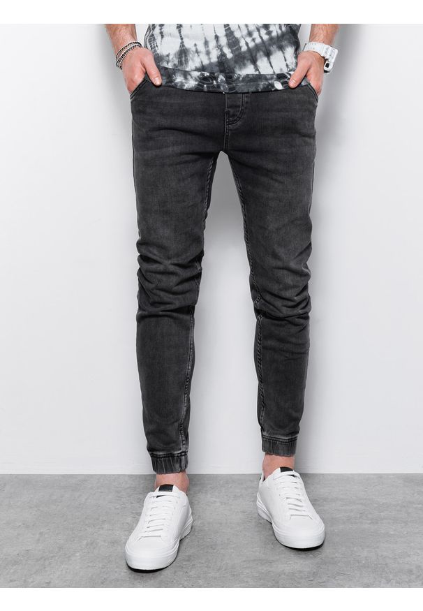 Ombre Clothing - Spodnie męskie jeansowe joggery - czarne - Rozmiar: XL. Kolor: czarny. Materiał: jeans. Wzór: aplikacja