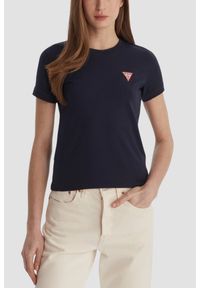 Guess - GUESS Granatowy damski t-shirt na krótki rękaw Crew Neck Mini Triangle, Rozmiar XXL. Okazja: na co dzień. Kolor: niebieski. Długość rękawa: krótki rękaw. Długość: krótkie. Styl: casual, klasyczny #1