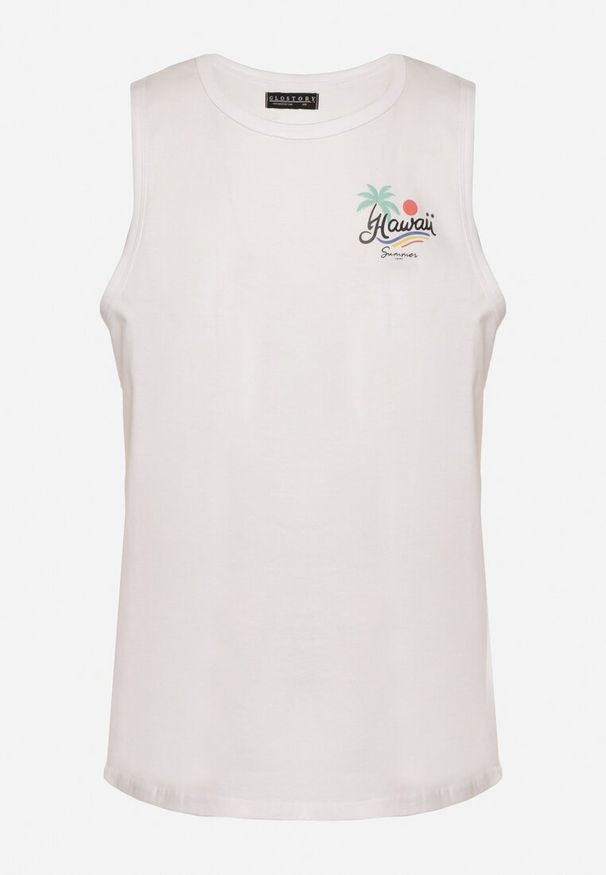 Born2be - Biała Koszulka Tank Top z Bawełny z Nadrukiem Voanna. Kolor: biały. Materiał: bawełna. Wzór: nadruk