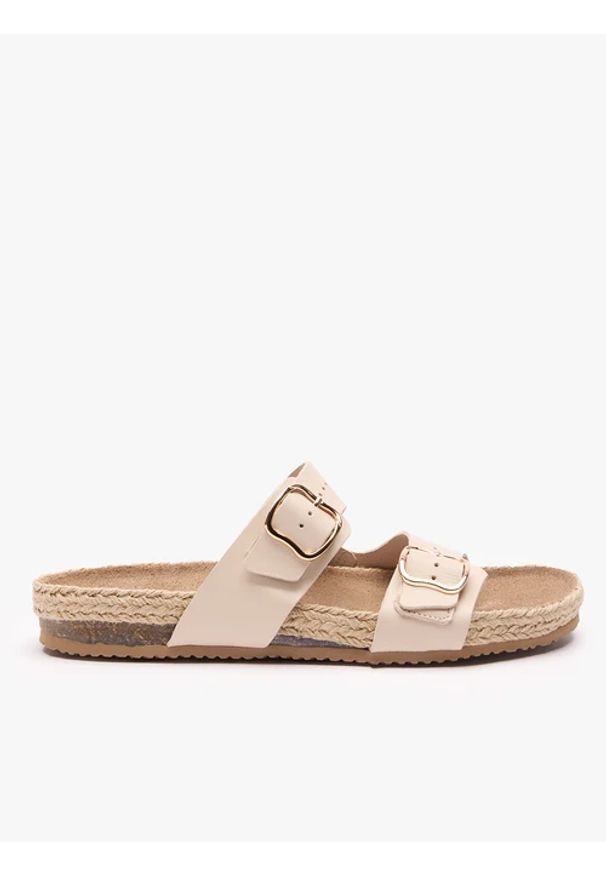Ryłko - Beżowe klapki z dwoma paskami. Okazja: na co dzień. Nosek buta: okrągły. Kolor: beżowy. Materiał: skóra. Wzór: paski. Sezon: lato. Styl: casual, street, elegancki