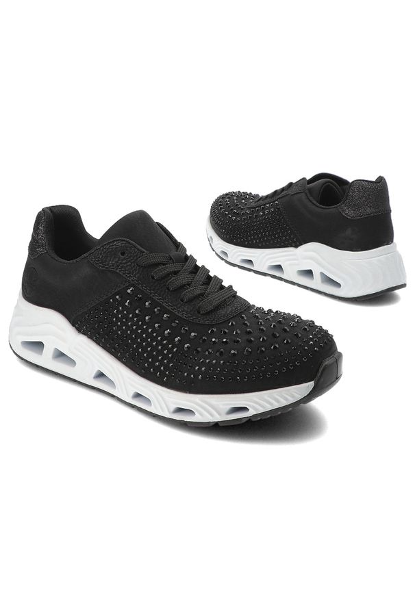 Czarne Sneakersy Rieker Stylowe Obuwie Damskie. Okazja: na co dzień. Kolor: czarny. Materiał: skóra ekologiczna. Wzór: aplikacja. Styl: elegancki