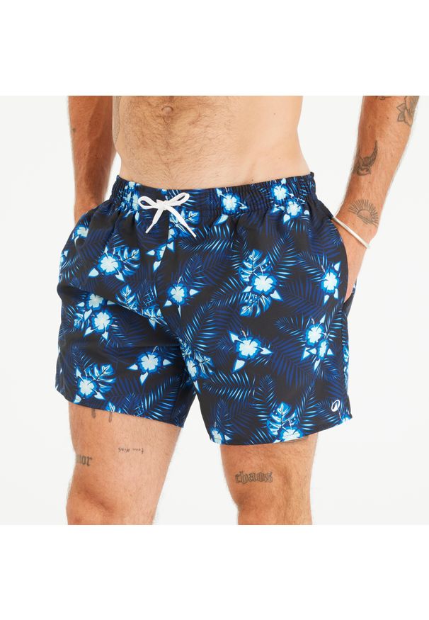 OLAIAN - Spodenki surfingowe męskie Olaian 100 15" Hibiscus. Kolor: czarny. Materiał: materiał, poliester. Długość: krótkie