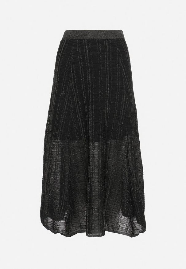 Born2be - Czarna Spódnica z Ozdobnym Tłoczeniem Błyszczącą Nicią i Gumką w Pasie Pirlena. Kolor: czarny. Materiał: tkanina. Wzór: aplikacja. Styl: elegancki