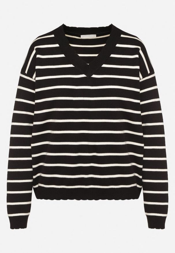 Born2be - Czarno-Beżowy Sweter z Wiskozą w Paski Zakończony Ściągaczami Irimoria. Okazja: do pracy, na co dzień. Kolor: czarny. Materiał: wiskoza. Długość rękawa: długi rękaw. Długość: długie. Wzór: paski. Styl: elegancki, casual, sportowy, klasyczny