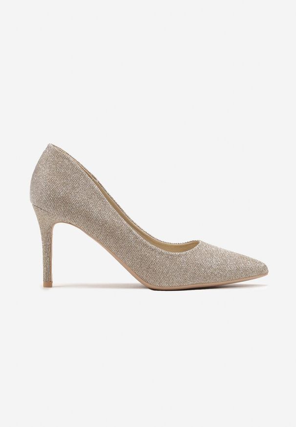 Renee - Złote Eleganckie Brokatowe Czółenka Vlioressa. Nosek buta: otwarty. Kolor: złoty. Materiał: materiał. Obcas: na obcasie. Styl: elegancki. Wysokość obcasa: średni