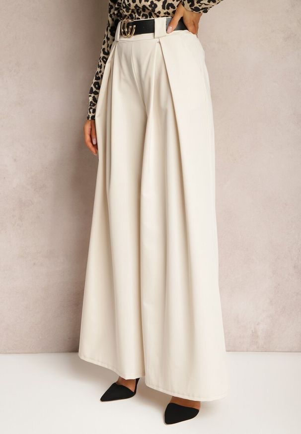 Renee - Beżowe Spodnie High Waist z Szerokimi Nogawkami i Paskiem Brillara. Okazja: na randkę, na co dzień, na spacer. Stan: podwyższony. Kolor: beżowy. Materiał: wiskoza. Styl: casual, elegancki