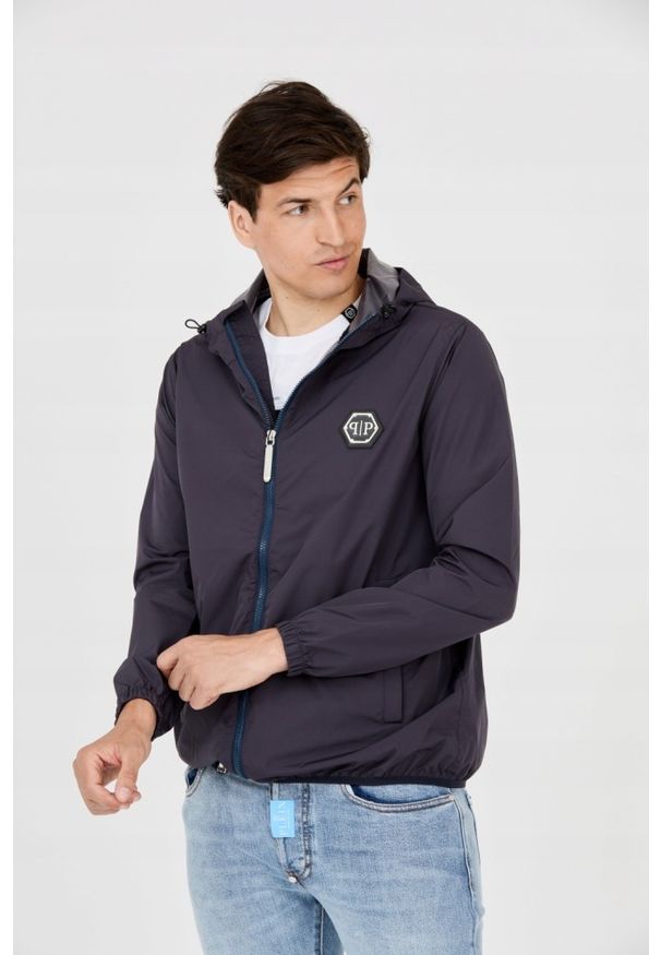 Philipp Plein - PHILIPP PLEIN Męska kurtka wiatrówka granatowa, Rozmiar XXL. Typ kołnierza: kaptur. Kolor: niebieski