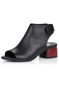 Skórzane komfortowe sandały damskie na obcasie na rzep Remonte R8770-01 czarne. Zapięcie: rzepy. Kolor: czarny. Materiał: skóra. Obcas: na obcasie. Wysokość obcasa: średni #8