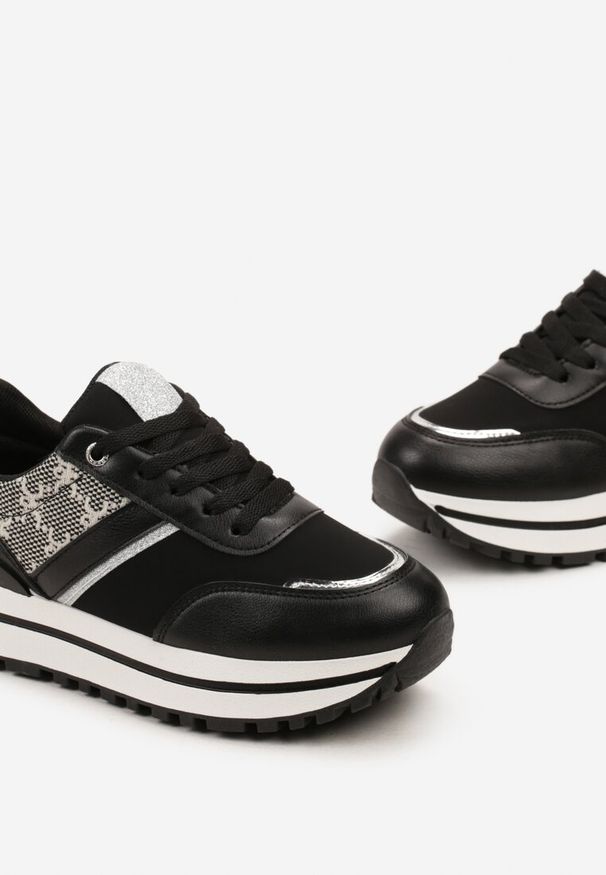 Renee - Czarne Sneakersy z Materiałowymi Wstawkami na Grubej Podeszwie Ozdobione Brokatem Zirnna. Okazja: na co dzień. Kolor: czarny. Materiał: materiał. Wzór: aplikacja