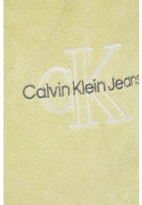 Calvin Klein Jeans szorty damskie kolor zielony z nadrukiem high waist. Stan: podwyższony. Kolor: zielony. Materiał: dzianina. Wzór: nadruk #2