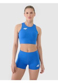 4f - 4F Biustonosz treningowy ze średnim wsparciem damski - niebieski L. Kolor: niebieski. Materiał: dzianina, elastan, włókno, syntetyk, materiał, guma. Rodzaj stanika: wyciągane miseczki. Wzór: gładki, jednolity, ze splotem. Sport: fitness, bieganie, kolarstwo #1