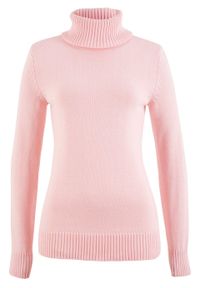 Sweter z golfem bonprix pastelowy jasnoróżowy. Typ kołnierza: golf. Kolor: różowy. Wzór: prążki. Styl: elegancki #1