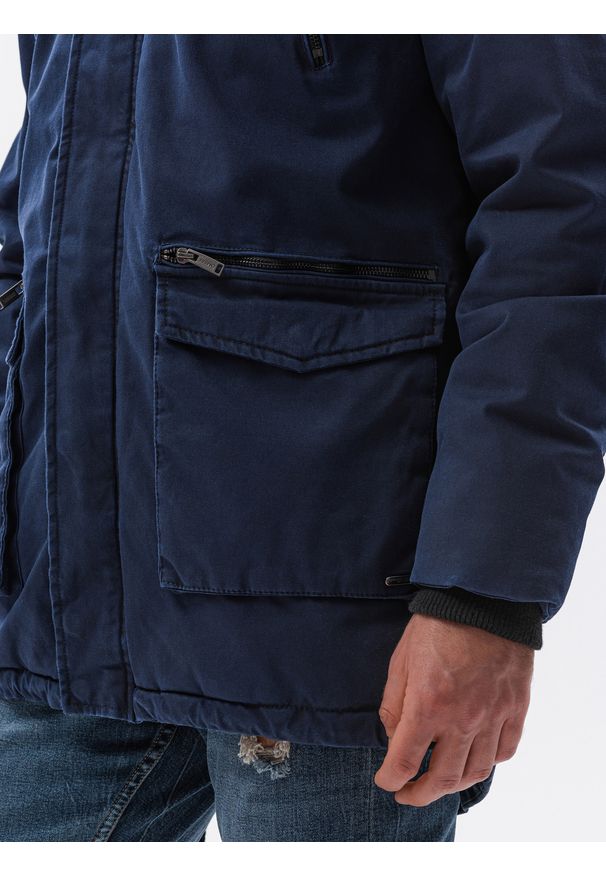 Ombre Clothing - Kurtka męska zimowa parka z dużymi kieszeniami - ciemnoniebieska V2 C512 - L. Kolor: niebieski. Materiał: bawełna, futro, syntetyk, poliester. Sezon: zima