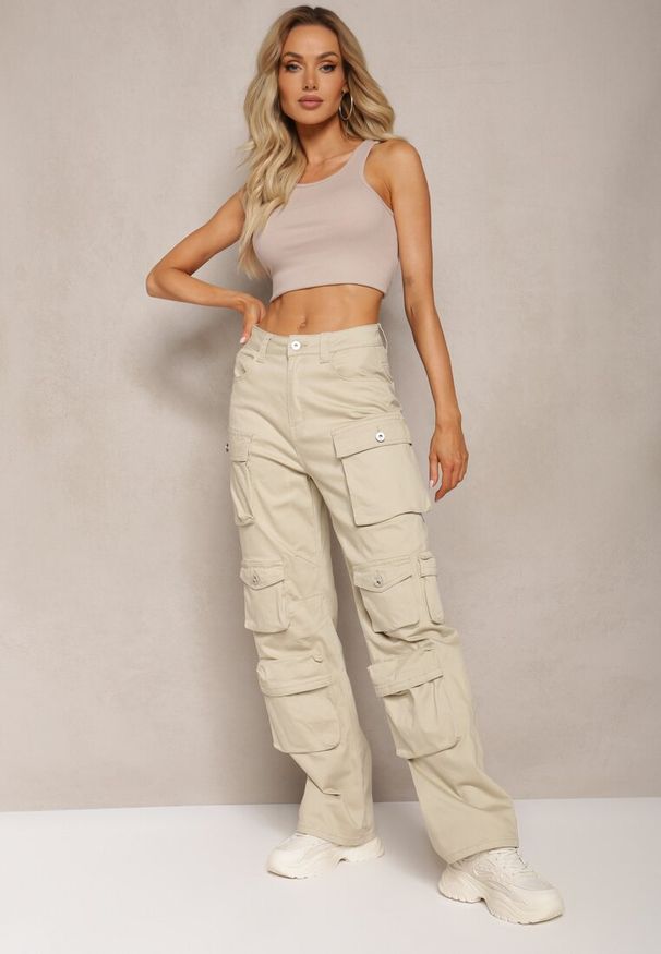 Renee - Jasnobeżowe Bawełniane Spodnie Bojówki High Waist Arcara. Okazja: na co dzień. Stan: podwyższony. Kolor: beżowy. Materiał: bawełna. Styl: elegancki, casual