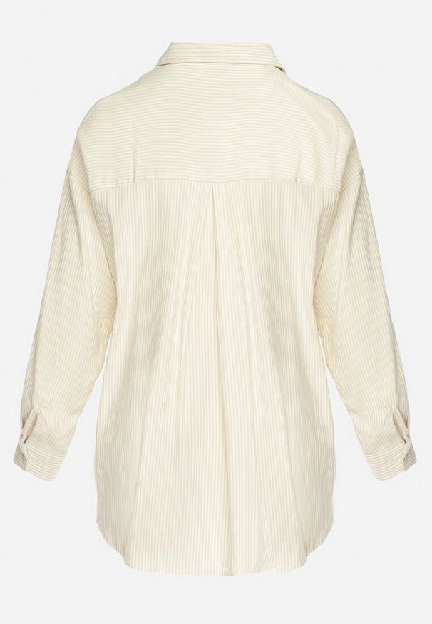 Born2be - Beżowa Bawełniana Koszula Ozdobiona Wzorem w Paseczki Irviana. Okazja: na co dzień. Kolor: beżowy. Materiał: bawełna. Wzór: aplikacja. Styl: casual