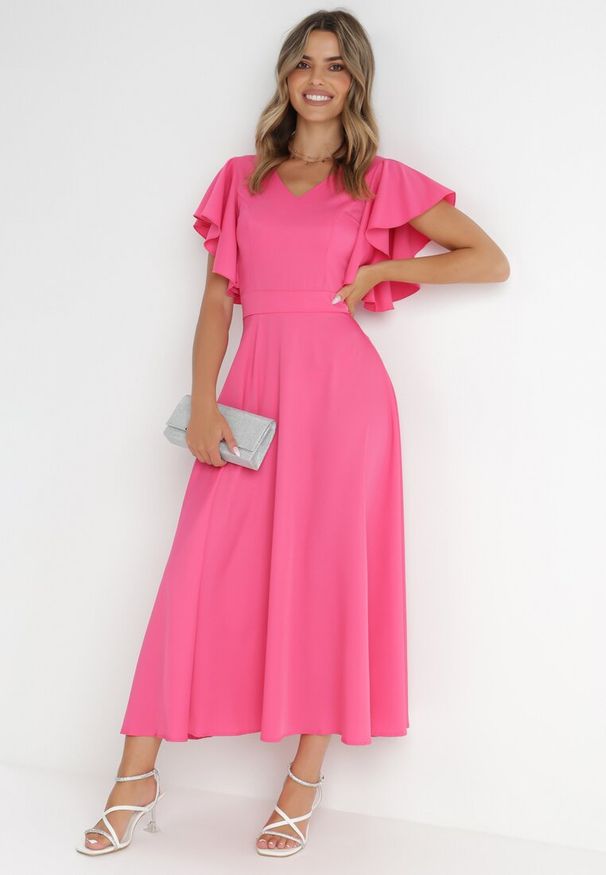 Born2be - Fuksjowa Rozkloszowana Sukienka Zdobiona Falbanami Emilienne. Okazja: na randkę, na spacer. Kolor: różowy. Materiał: tkanina, jeans. Wzór: aplikacja, jednolity, gładki. Typ sukienki: rozkloszowane. Styl: klasyczny, elegancki, wizytowy. Długość: maxi