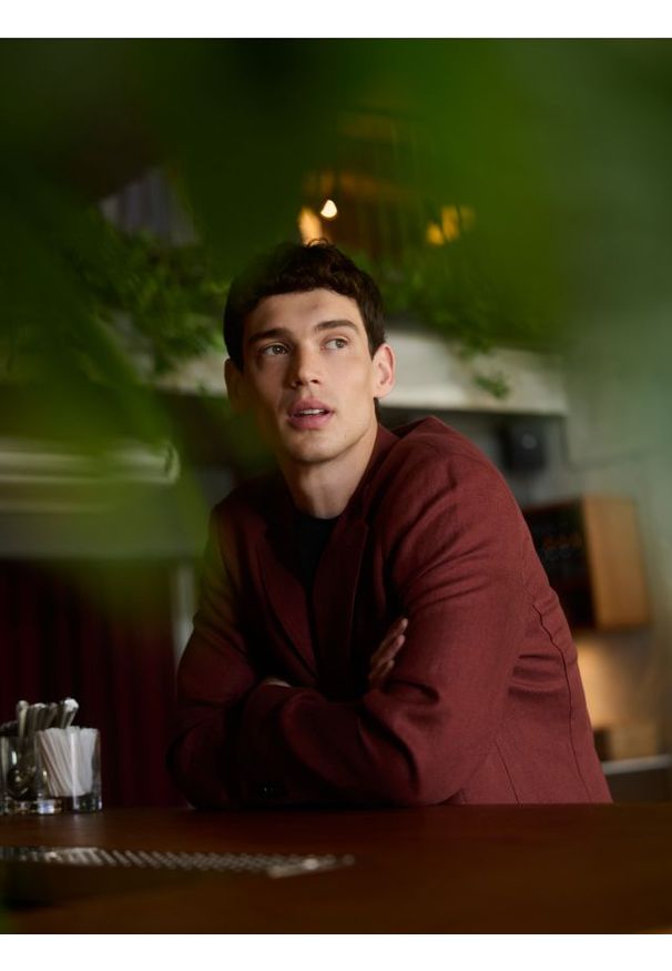 Reserved - Lniana marynarka slim fit - miedziany. Kolor: brązowy. Materiał: len