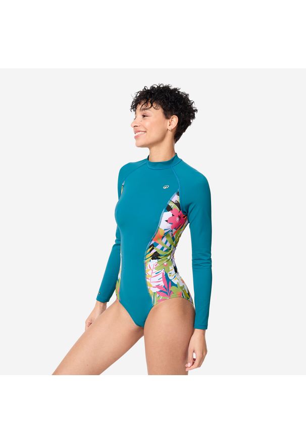 OLAIAN - Kostium jednoczęściowy surfingowy damski Olaian Dani Desirade długi rękaw. Kolor: wielokolorowy, niebieski, zielony. Materiał: poliamid, poliester, materiał, elastan. Długość: długie