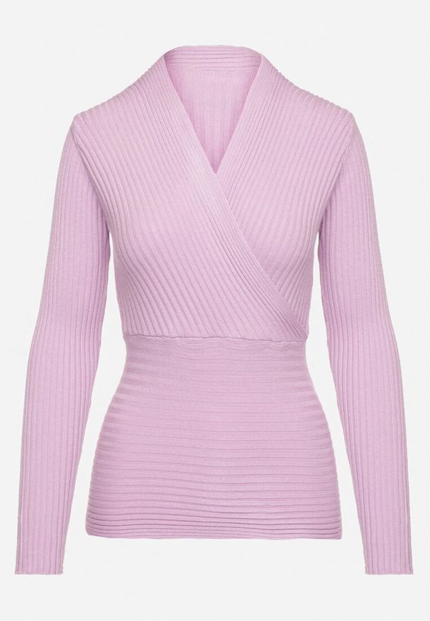 Born2be - Fioletowy Dopasowany Sweter w Prążki z Kopertowym Dekoltem Masasani. Kolor: fioletowy. Materiał: bawełna. Wzór: prążki