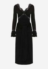 Renee - Czarna Wiskozowa Sukienka Wieczorowa z Falbanami Koronką i Wiązanym Trenem Lenivna. Okazja: na ślub cywilny, na wesele. Kolor: czarny. Materiał: wiskoza, koronka. Wzór: koronka. Styl: wizytowy #5