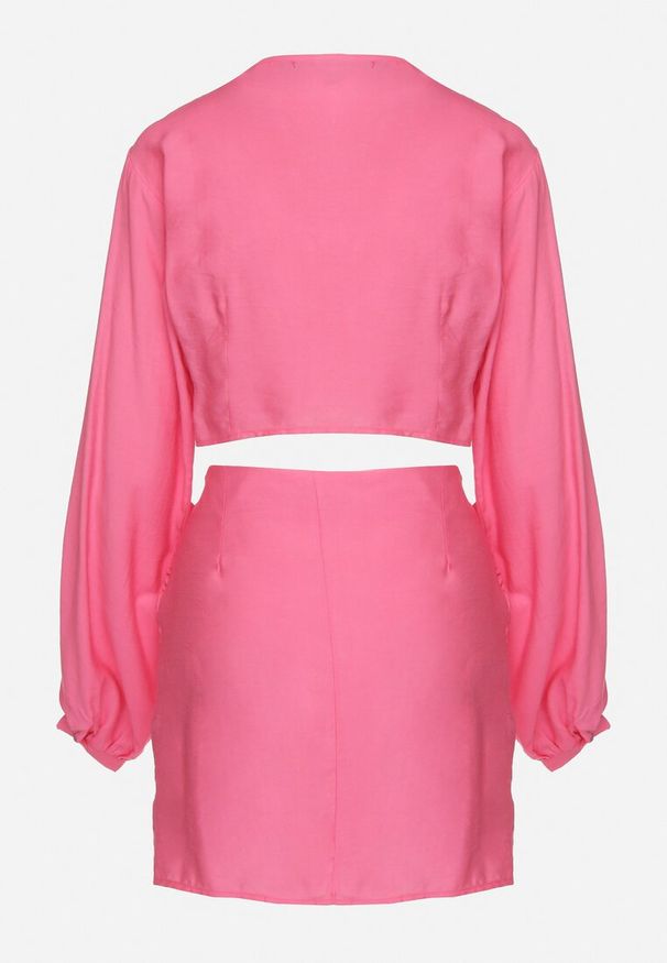 Born2be - Fuksjowy 2-częściowy Komplet z Bluzką i Spódnicą Zdobionych Wiązaniem Elistra. Kolor: różowy. Materiał: jeans. Wzór: aplikacja