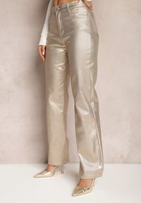 Renee - Złote Szerokie Spodnie Metaliczne High Waist z Ekoskóry Tranise. Stan: podwyższony. Kolor: złoty. Materiał: skóra #5
