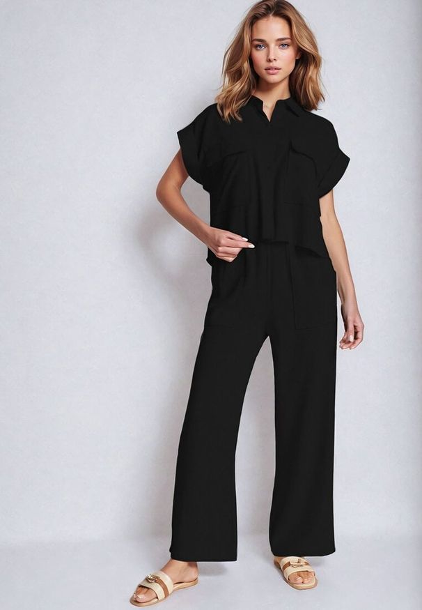 Born2be - Czarny Komplet 2-Częściowy z Lnem i Wiskozą Koszula Spodnie z Szerokimi Nogawkami Nasarine. Kolor: czarny. Materiał: wiskoza, len