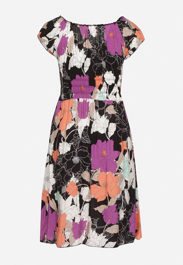 Born2be - Czarno-Fioletowa Bawełniana Sukienka o Rozkloszowanym Kroju z Gumką w Talii w Kwiatowy Wzór Rishta. Kolor: czarny. Materiał: bawełna. Wzór: kwiaty. Sezon: lato. Styl: street