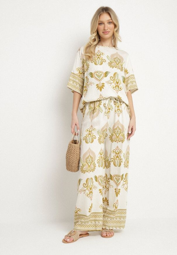 Born2be - Żółty Komplet z Wiskozy w Etniczny Wzór Szerokie Spodnie i Bluzka T-shirt Polliviane. Kolor: zielony. Materiał: wiskoza