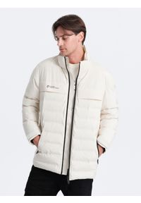 Ombre Clothing - Zimowa kurtka męska z odpinanym kapturem - kremowa V2 - Rozmiar: L. Kolor: kremowy. Materiał: poliester, polar. Sezon: zima